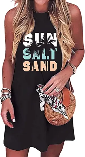 Sun Salt Sand Coconut Tree Tank Mini Dress for Women Casual Loose Sleeveless Beach Praty Shirts Summer Vacation Short Dress