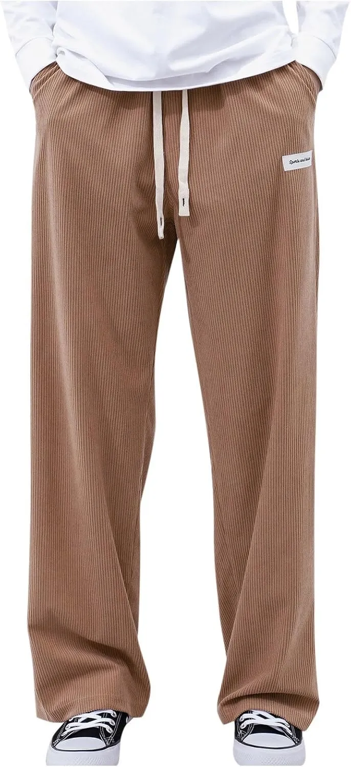 SUWBMHWE Corduroy Pants for Men Corduroy Baggy Wide Leg Joggers Pants Casual Cargo Pants Elastic Waist Sweatpants