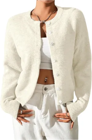 SweatyRocks Women's Button Up Crew Neck Cardigan Long Sleeve Knitted Sweater Outwear