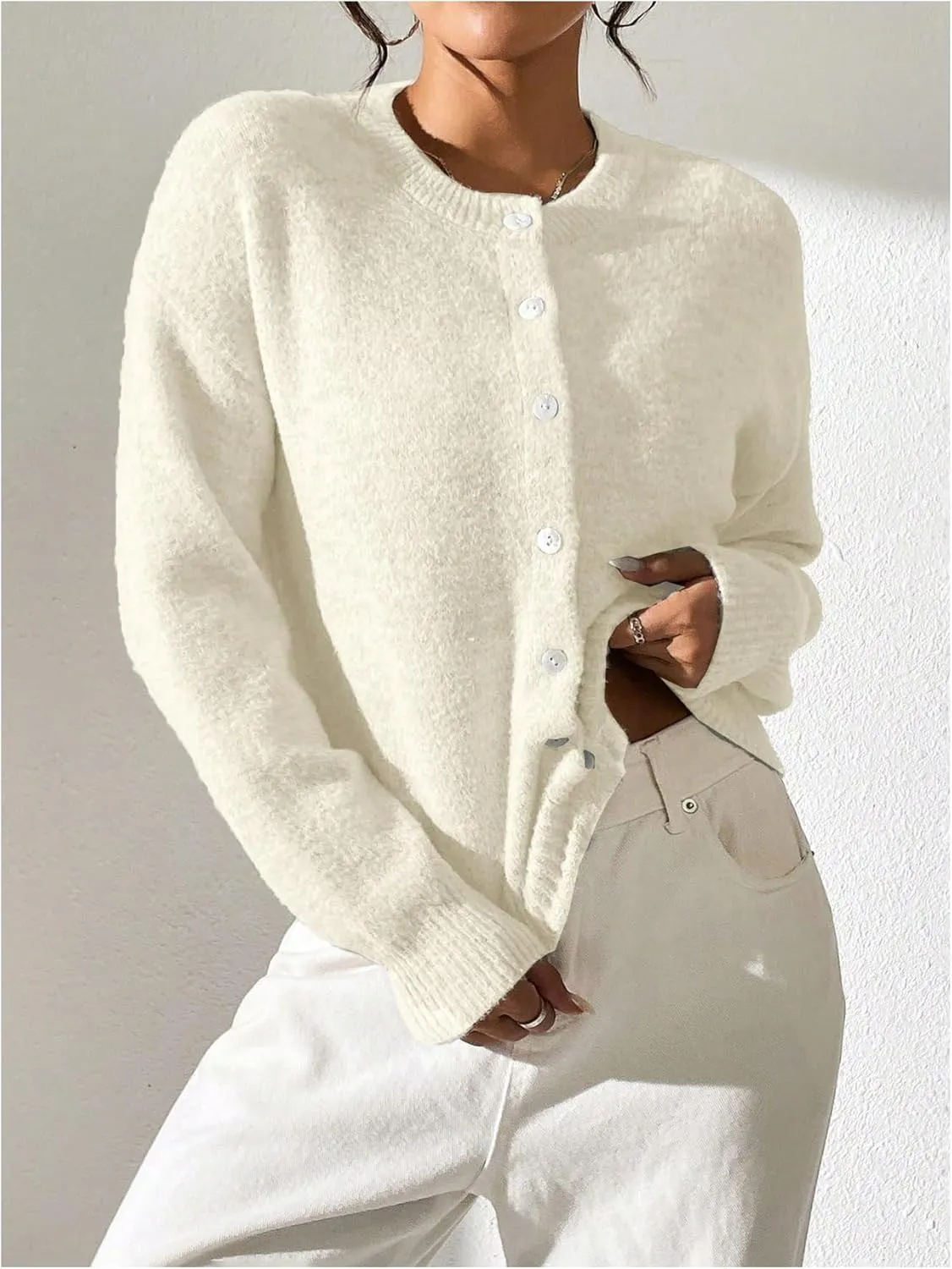 SweatyRocks Women's Button Up Crew Neck Cardigan Long Sleeve Knitted Sweater Outwear