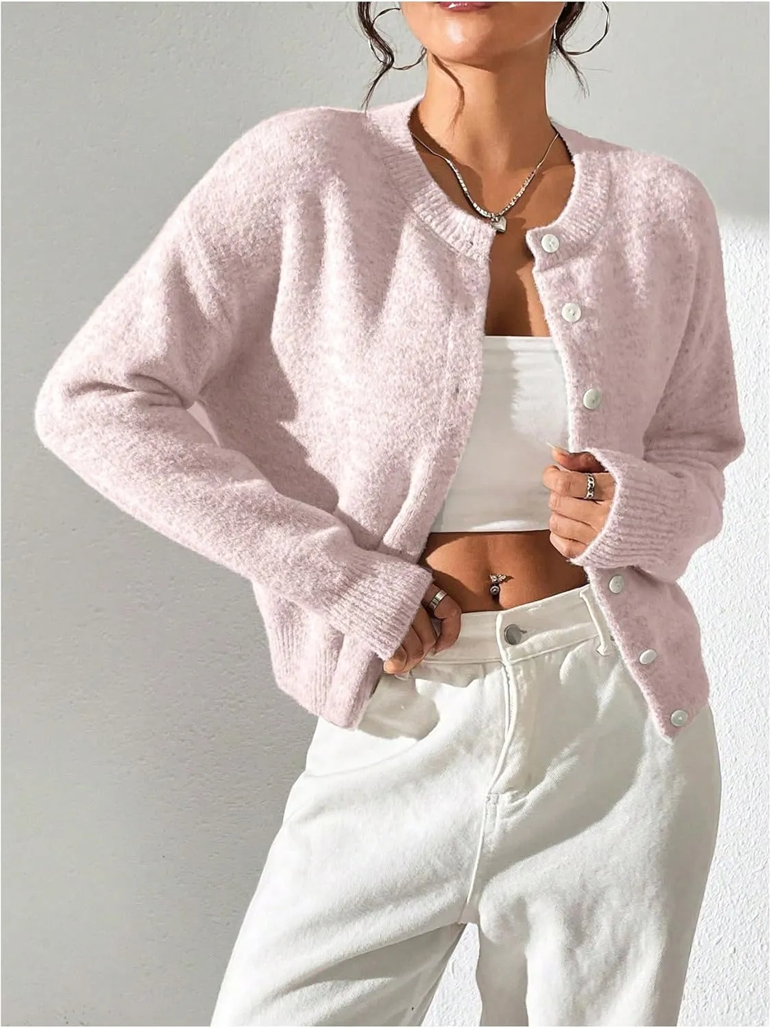 SweatyRocks Women's Button Up Crew Neck Cardigan Long Sleeve Knitted Sweater Outwear