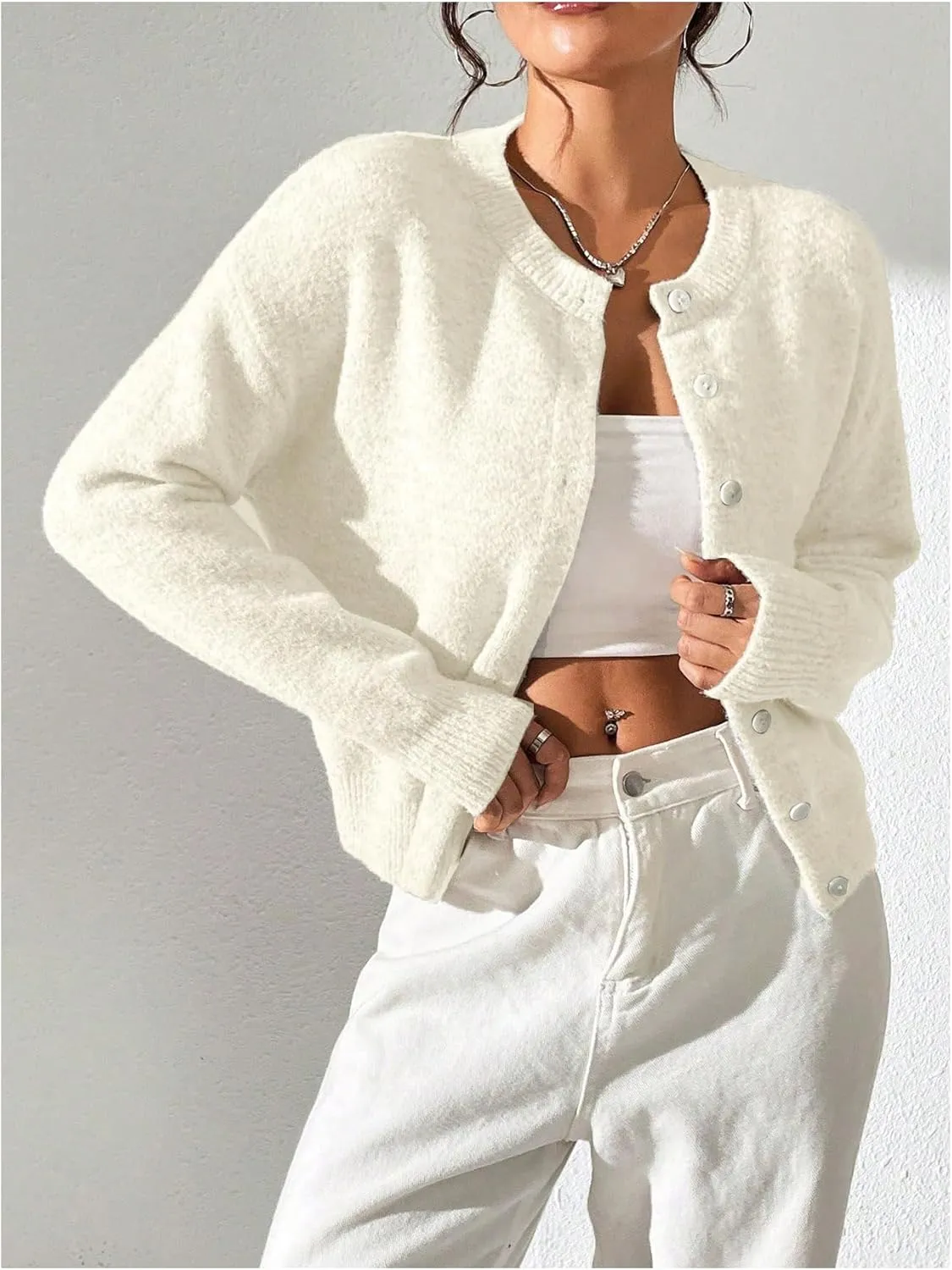 SweatyRocks Women's Button Up Crew Neck Cardigan Long Sleeve Knitted Sweater Outwear