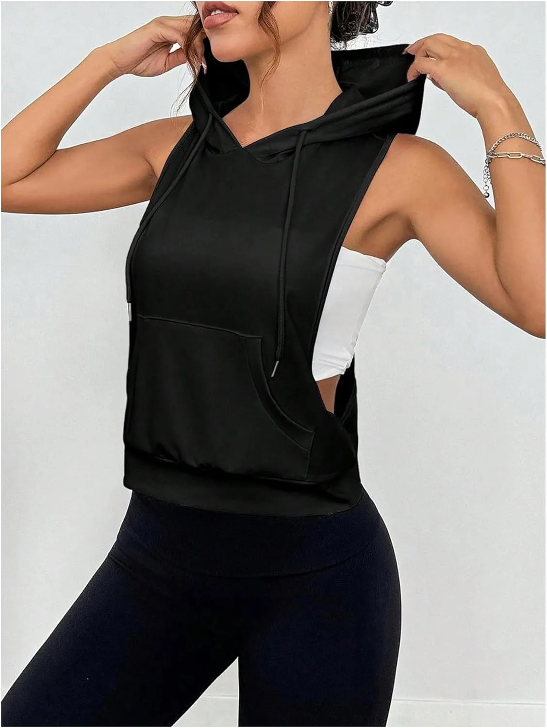 SweatyRocks Women's Low Cut Racerback Workout Tank Tops Cropped Hooded Tanks with Pocket