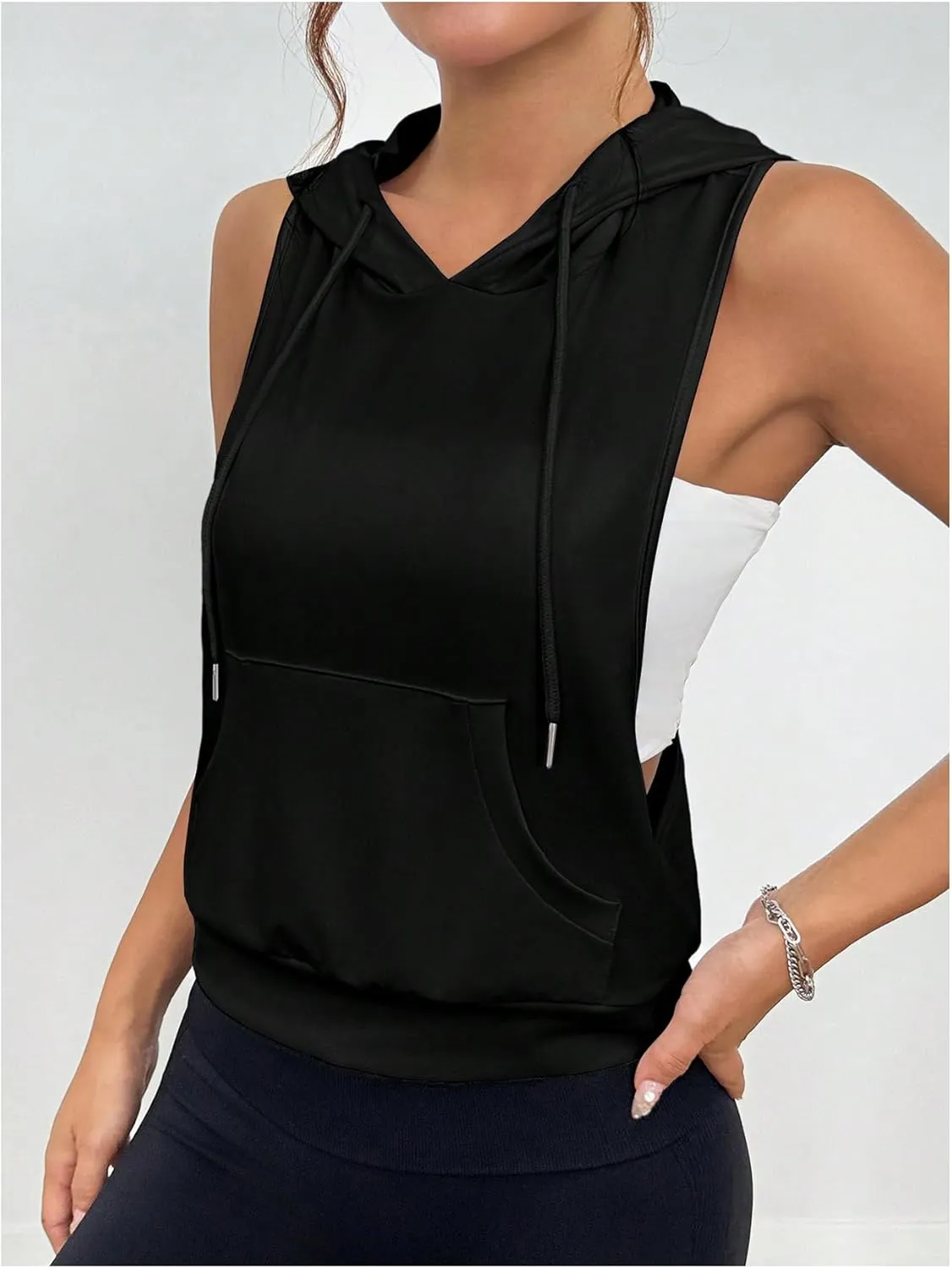 SweatyRocks Women's Low Cut Racerback Workout Tank Tops Cropped Hooded Tanks with Pocket