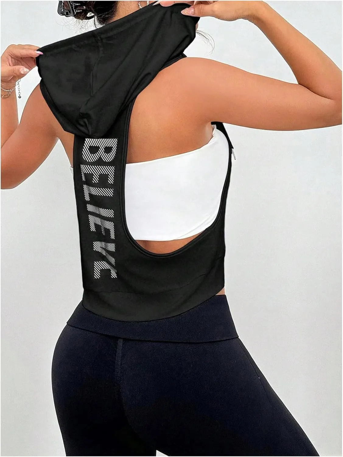 SweatyRocks Women's Low Cut Racerback Workout Tank Tops Cropped Hooded Tanks with Pocket