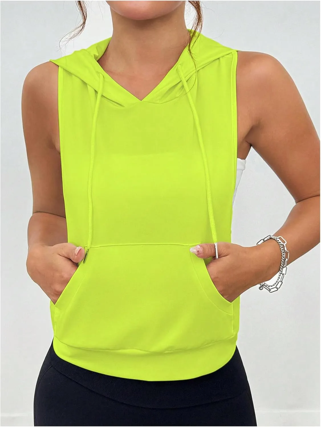 SweatyRocks Women's Low Cut Racerback Workout Tank Tops Cropped Hooded Tanks with Pocket