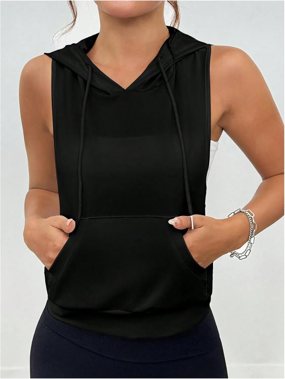 SweatyRocks Women's Low Cut Racerback Workout Tank Tops Cropped Hooded Tanks with Pocket
