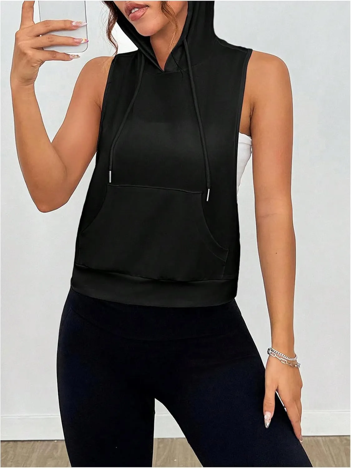SweatyRocks Women's Low Cut Racerback Workout Tank Tops Cropped Hooded Tanks with Pocket