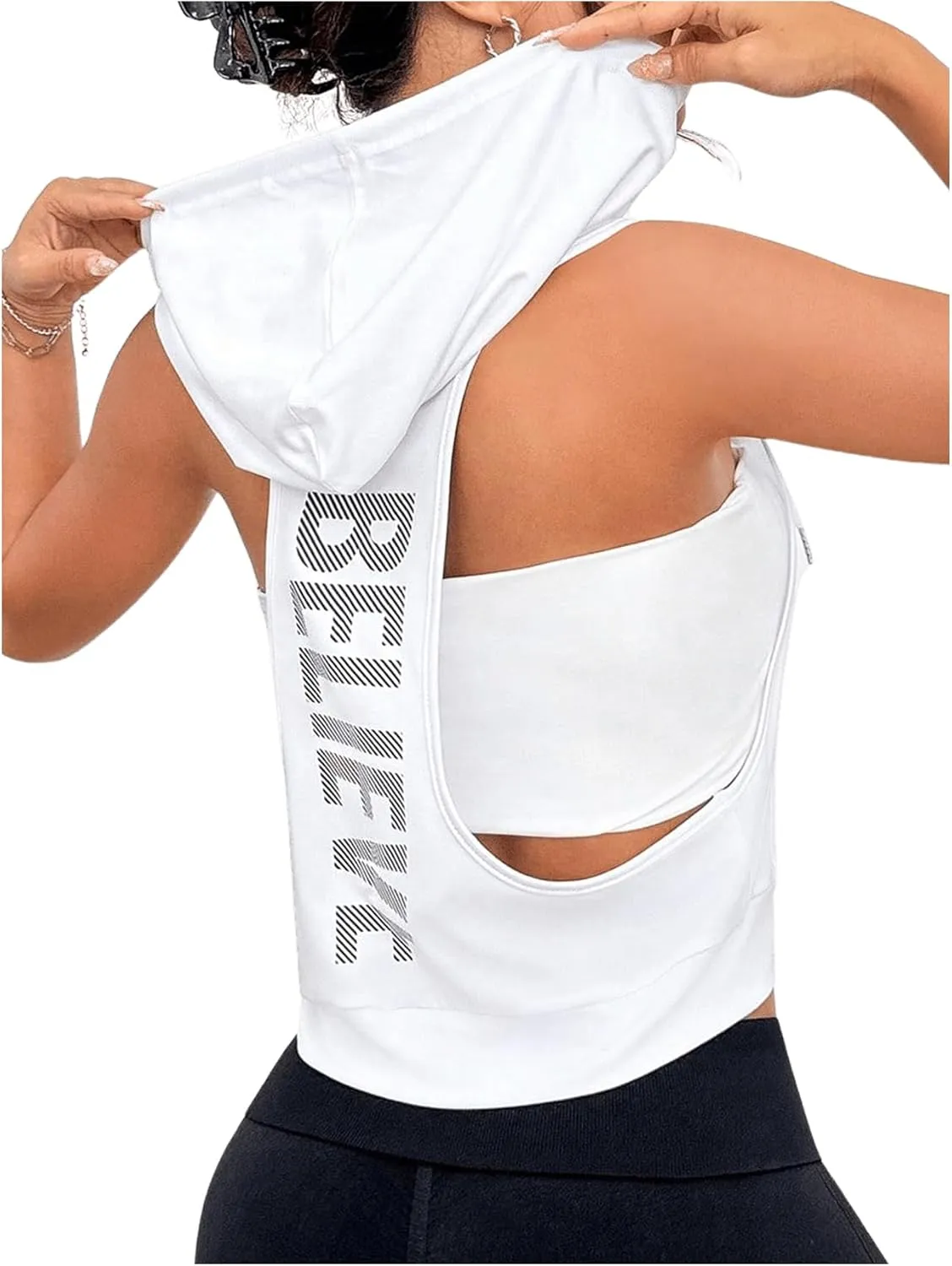 SweatyRocks Women's Low Cut Racerback Workout Tank Tops Cropped Hooded Tanks with Pocket