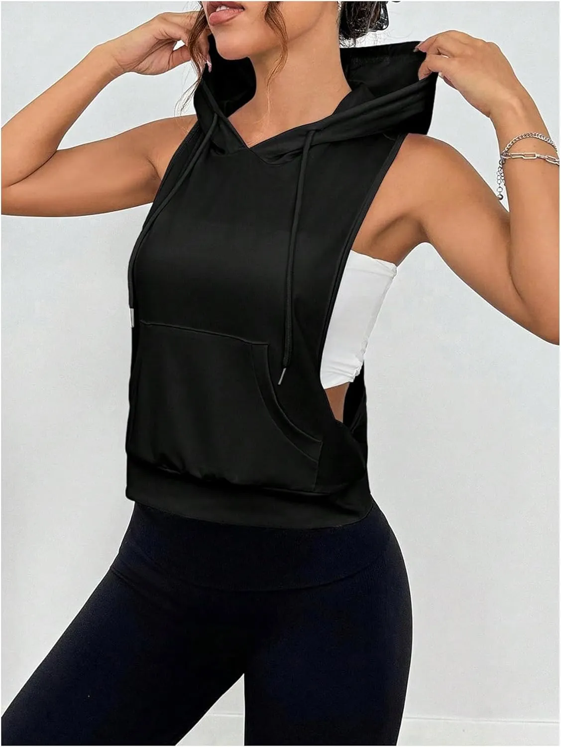 SweatyRocks Women's Low Cut Racerback Workout Tank Tops Cropped Hooded Tanks with Pocket