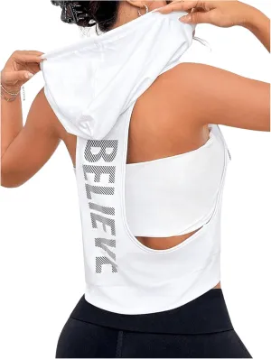 SweatyRocks Women's Low Cut Racerback Workout Tank Tops Cropped Hooded Tanks with Pocket