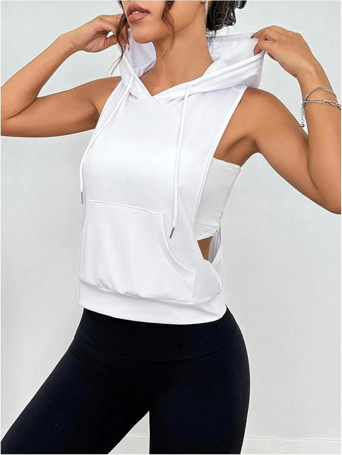 SweatyRocks Women's Low Cut Racerback Workout Tank Tops Cropped Hooded Tanks with Pocket