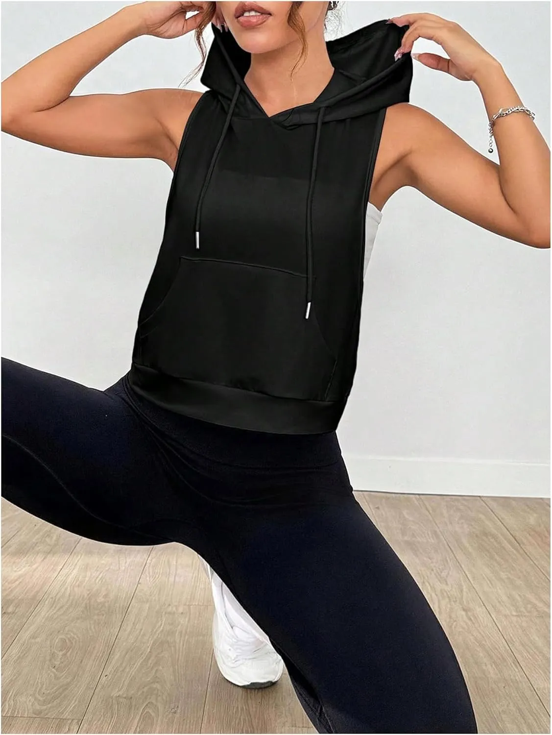 SweatyRocks Women's Low Cut Racerback Workout Tank Tops Cropped Hooded Tanks with Pocket