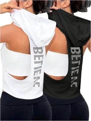 SweatyRocks Women's Low Cut Racerback Workout Tank Tops Cropped Hooded Tanks with Pocket