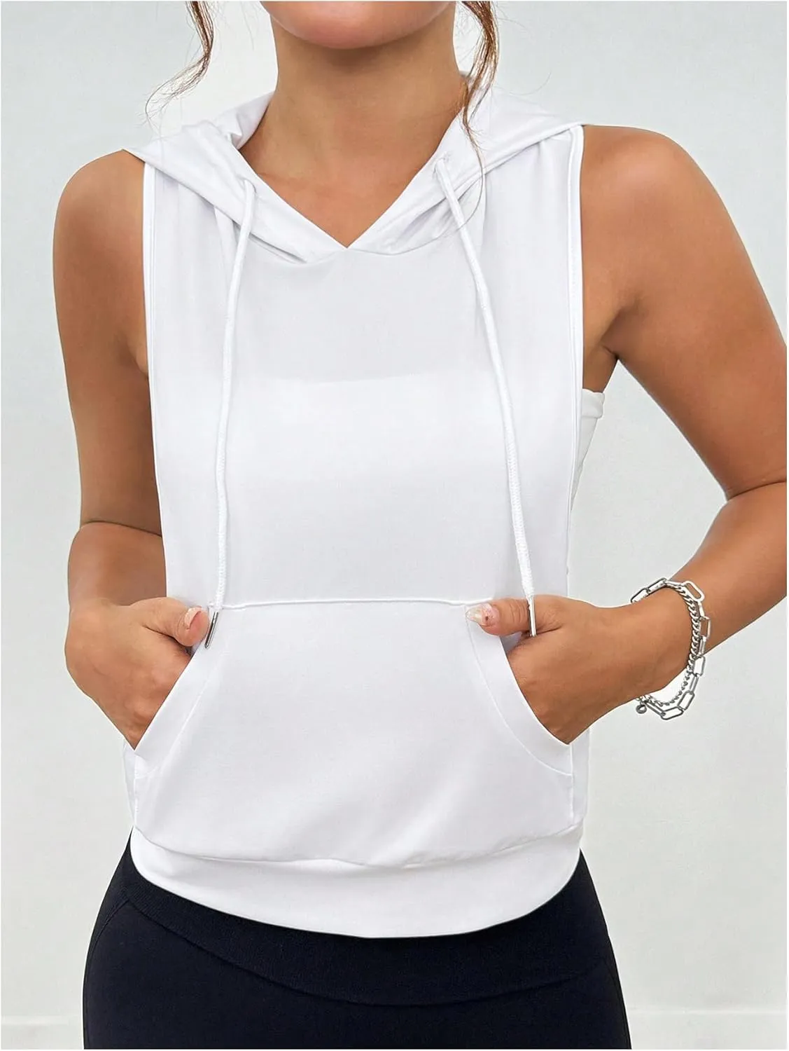 SweatyRocks Women's Low Cut Racerback Workout Tank Tops Cropped Hooded Tanks with Pocket