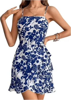 SweatyRocks Women's Ruffle Floral Print Mini Dresses Wrap Tie Knot Sleeveless Summer Cami Dress