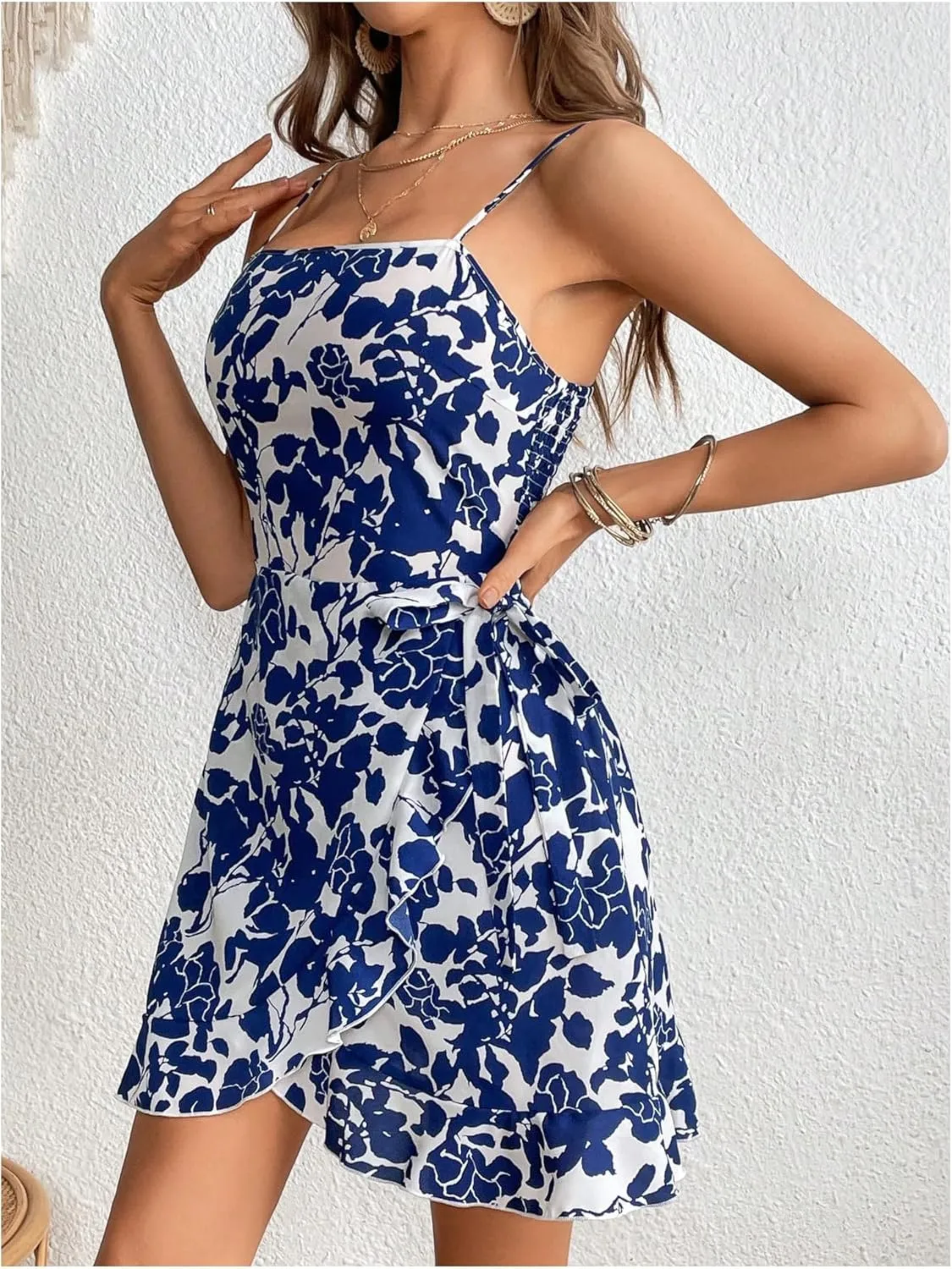SweatyRocks Women's Ruffle Floral Print Mini Dresses Wrap Tie Knot Sleeveless Summer Cami Dress