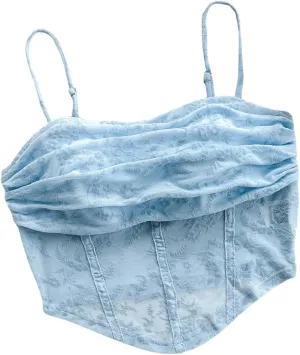 SweatyRocks Women's Sheer Mesh Embroidery Camisole Ruched Fitted Corset Crop Tops