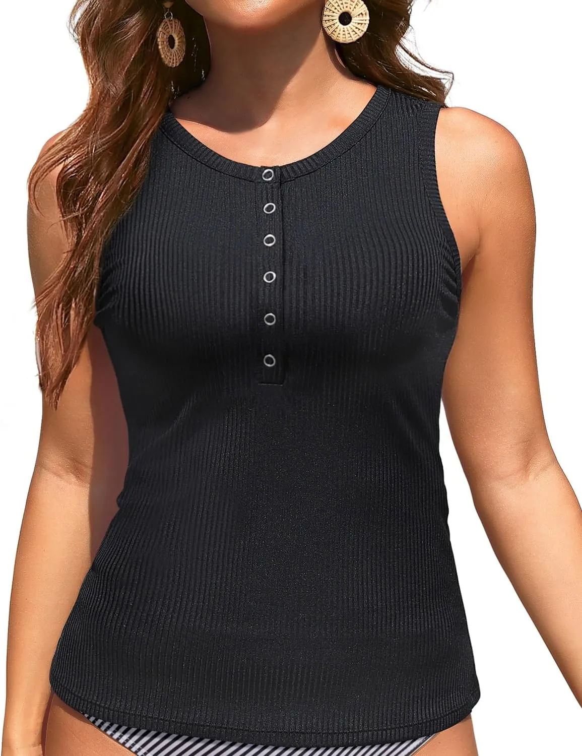 Tankini Tops for Women - High Neck Swim Top Only Ribbed Bathing Suits Button Swimsuit No Bottom