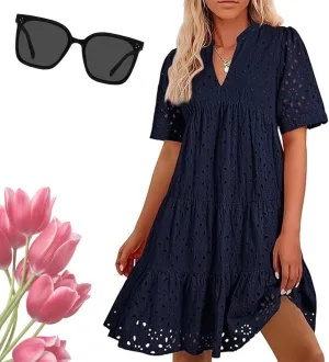 The Beauty North Eyelet Dress, 2025 Women's Elegant Hollow Out Lace Ruffle Casual Mini Dress, Summer Eyelet Ruffle Dresses