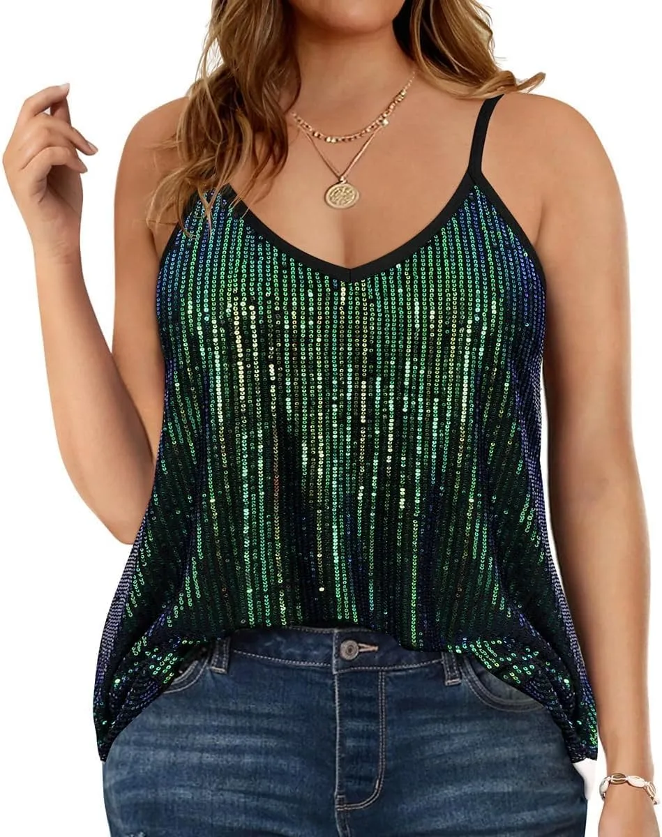 TIYOMI Plus Size Tank Tops for Women Sexy V Neck Strappy Sequin Sparkle Shimmer Camisole Glitter Party Sleeveless Tops