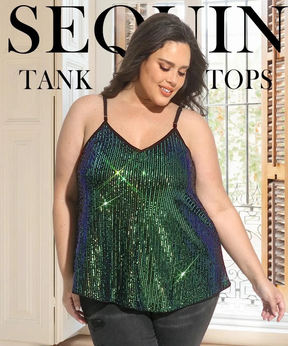 TIYOMI Plus Size Tank Tops for Women Sexy V Neck Strappy Sequin Sparkle Shimmer Camisole Glitter Party Sleeveless Tops