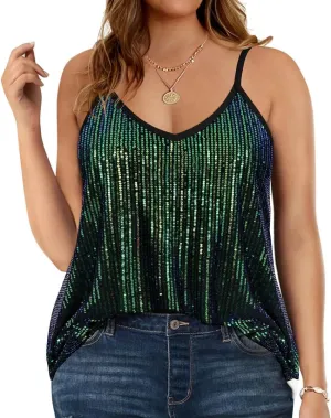 TIYOMI Plus Size Tank Tops for Women Sexy V Neck Strappy Sequin Sparkle Shimmer Camisole Glitter Party Sleeveless Tops