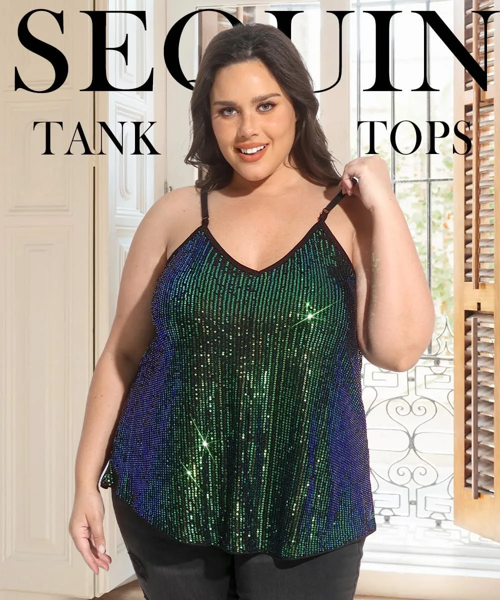 TIYOMI Plus Size Tank Tops for Women Sexy V Neck Strappy Sequin Sparkle Shimmer Camisole Glitter Party Sleeveless Tops