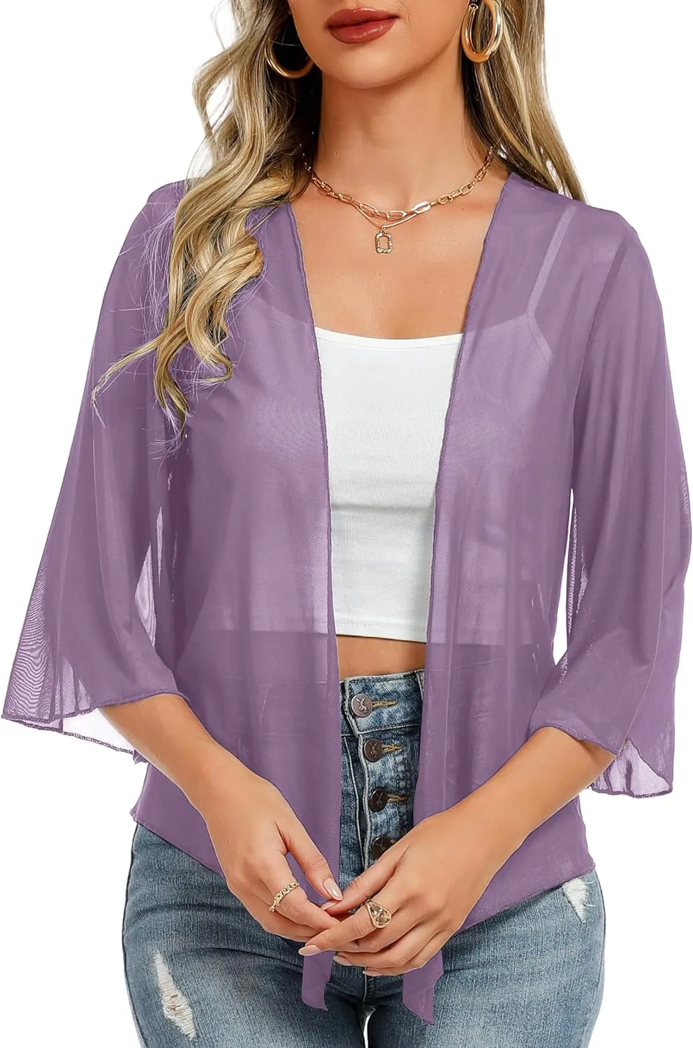 Totatuit Womens Sheer Shrug Tie Front Bell Sleeve Summer Cropped Bolero Cardigan