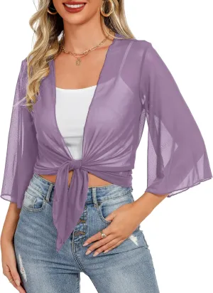Totatuit Womens Sheer Shrug Tie Front Bell Sleeve Summer Cropped Bolero Cardigan