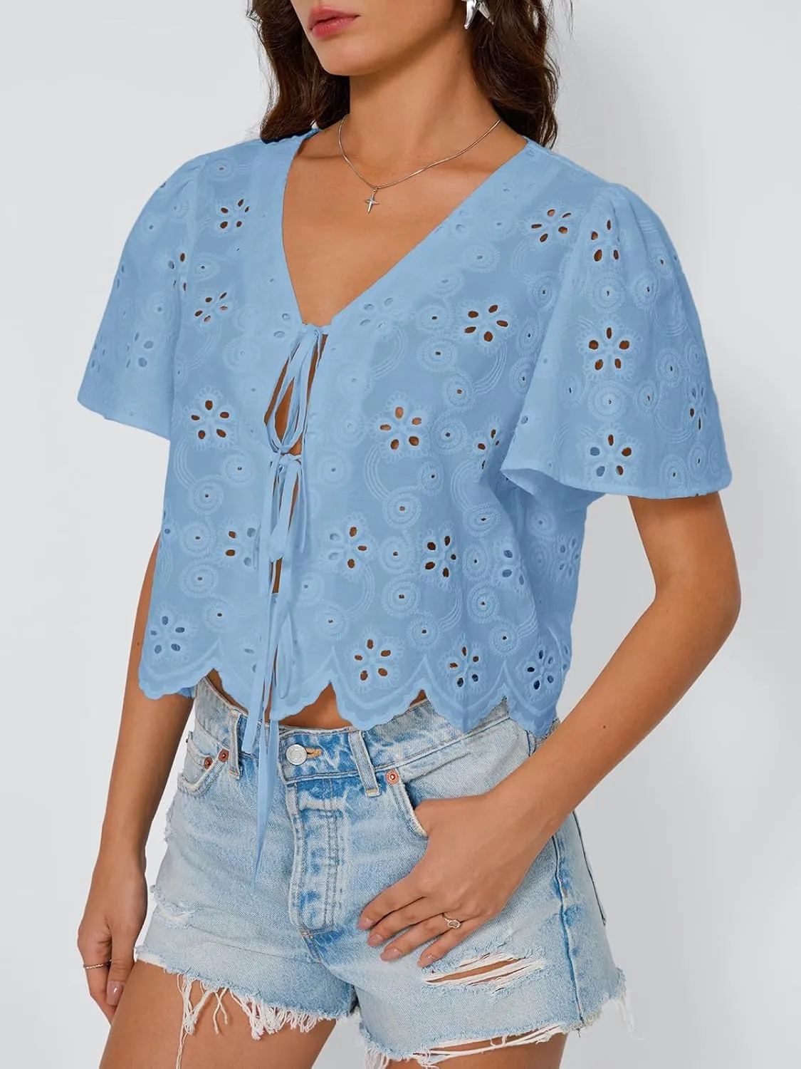 Trendy Queen Womens Tie Front Tops Summer Beach Vacation 2025 Fashion Outfits Short Sleeve Blouses Eyelet Embroidered Clothes