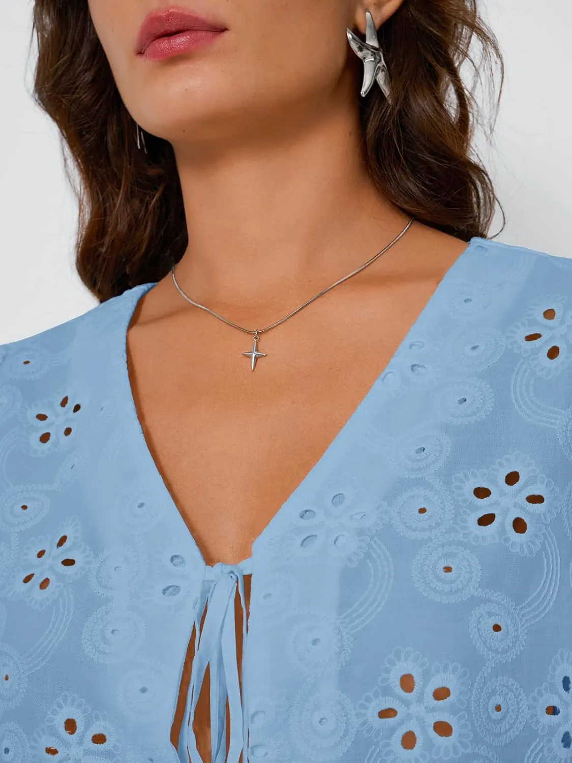 Trendy Queen Womens Tie Front Tops Summer Beach Vacation 2025 Fashion Outfits Short Sleeve Blouses Eyelet Embroidered Clothes