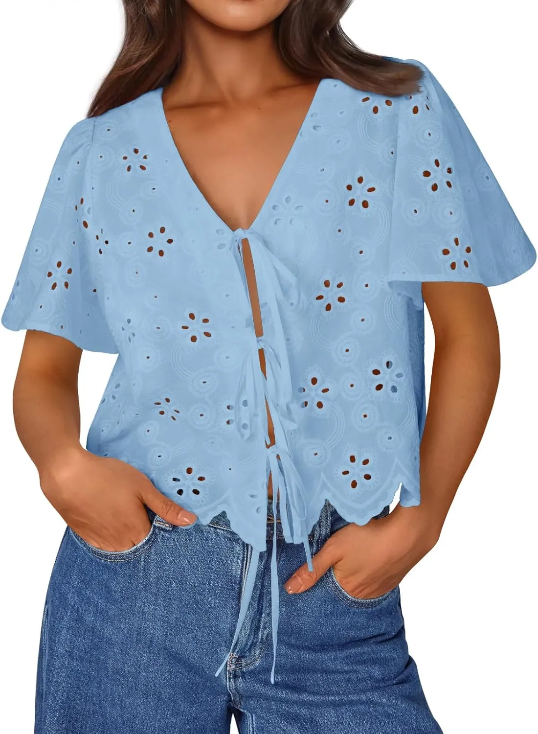 Trendy Queen Womens Tie Front Tops Summer Beach Vacation 2025 Fashion Outfits Short Sleeve Blouses Eyelet Embroidered Clothes