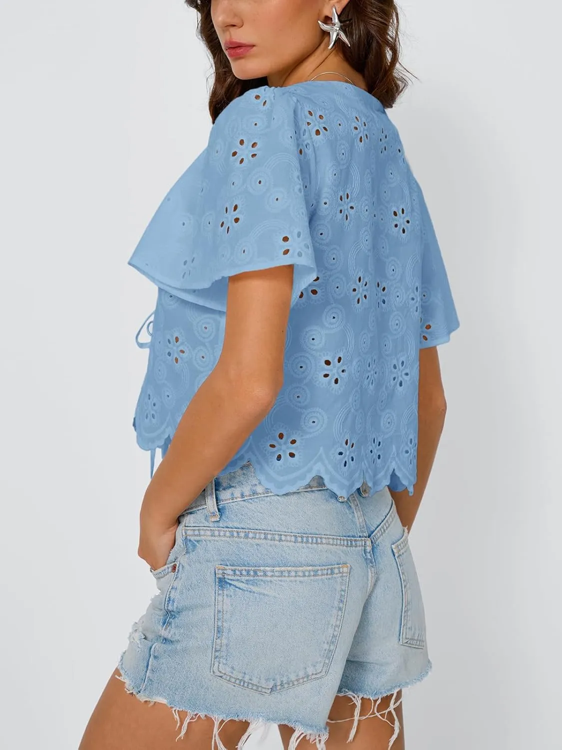 Trendy Queen Womens Tie Front Tops Summer Beach Vacation 2025 Fashion Outfits Short Sleeve Blouses Eyelet Embroidered Clothes