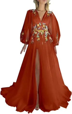 Tulle Prom Dress with Slit Flower Embroidery Ball Gown with Pockets Puffy Long Sleeves Formal Evening Party Gowns