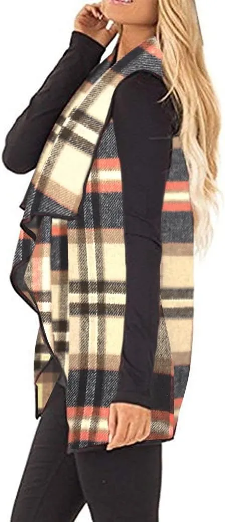 Unidear Womens Buffalo Plaid Vest Casual Lapel Open Front Sleeveless Cardigan Jacket Coat with Pockets