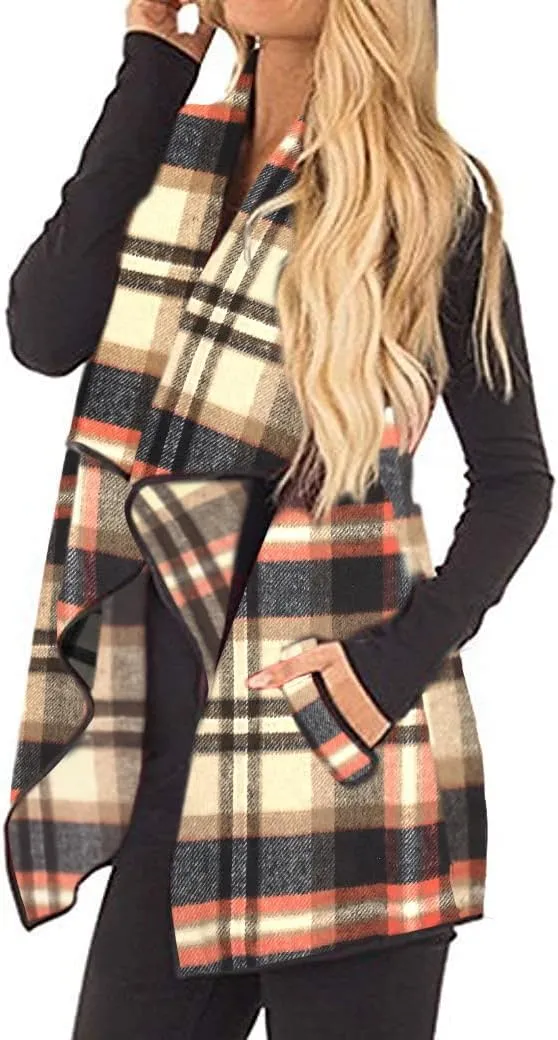 Unidear Womens Buffalo Plaid Vest Casual Lapel Open Front Sleeveless Cardigan Jacket Coat with Pockets