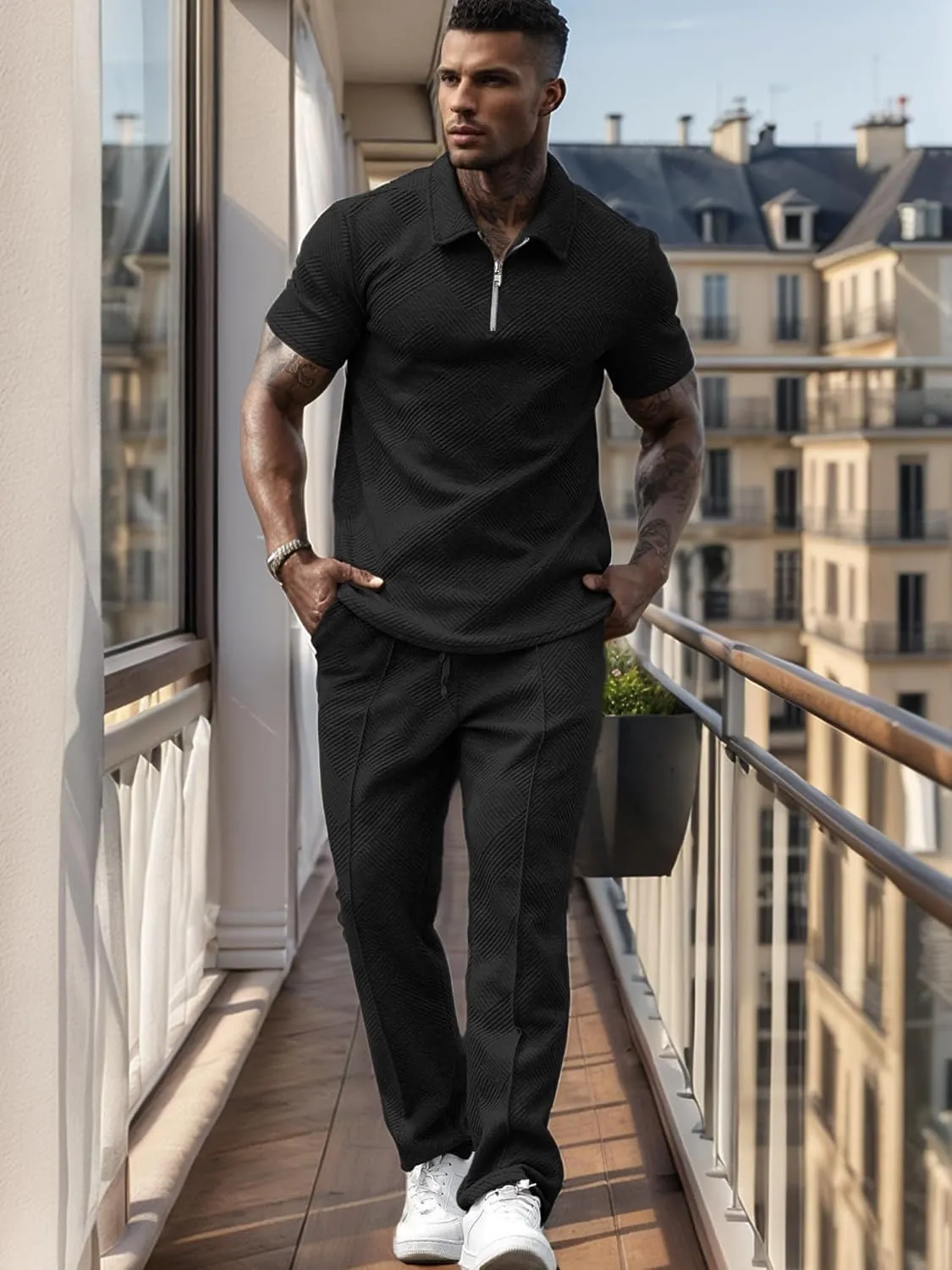 UOUA Mens Sweat Suits Set Tracksuit 2 Piece Outfits Short Sleeve Casual Sweatshirt & Loose Jogging Pants