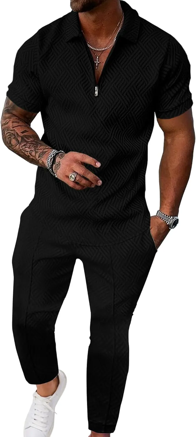 UOUA Mens Sweat Suits Set Tracksuit 2 Piece Outfits Short Sleeve Casual Sweatshirt & Loose Jogging Pants