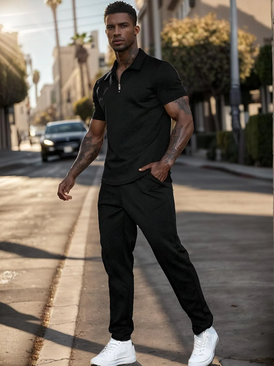 UOUA Mens Sweat Suits Set Tracksuit 2 Piece Outfits Short Sleeve Casual Sweatshirt & Loose Jogging Pants