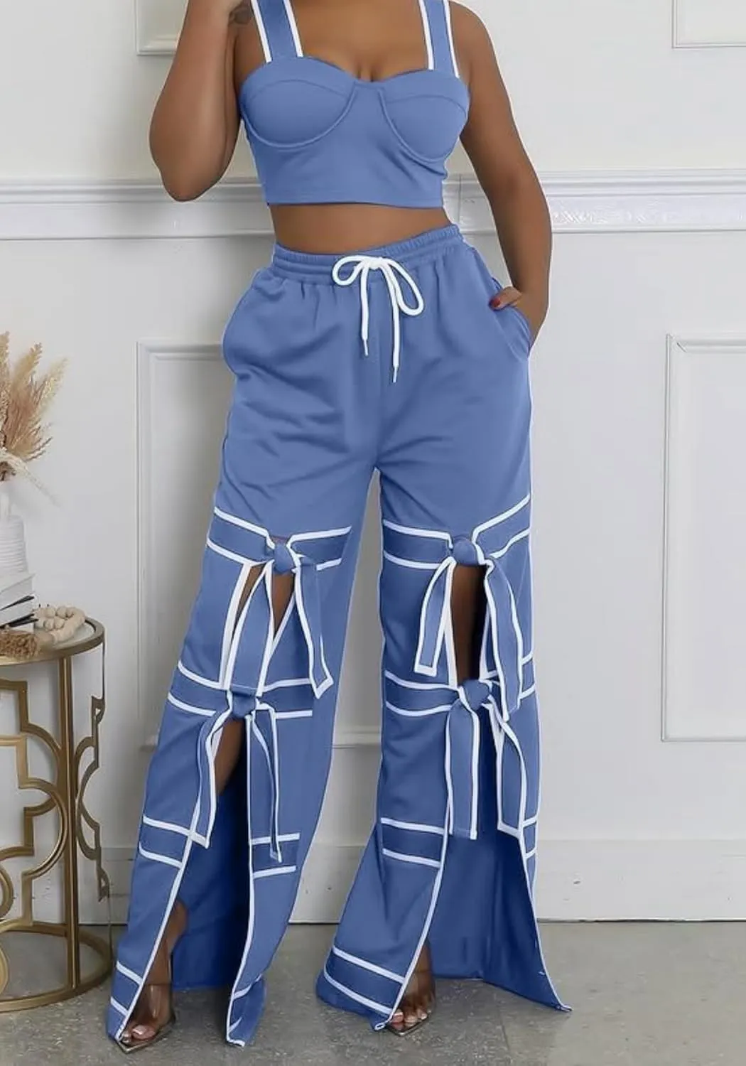 Vaceky Bow Tie Sweatpants Women Wide Leg Split Flowy Casual Trouser Pants