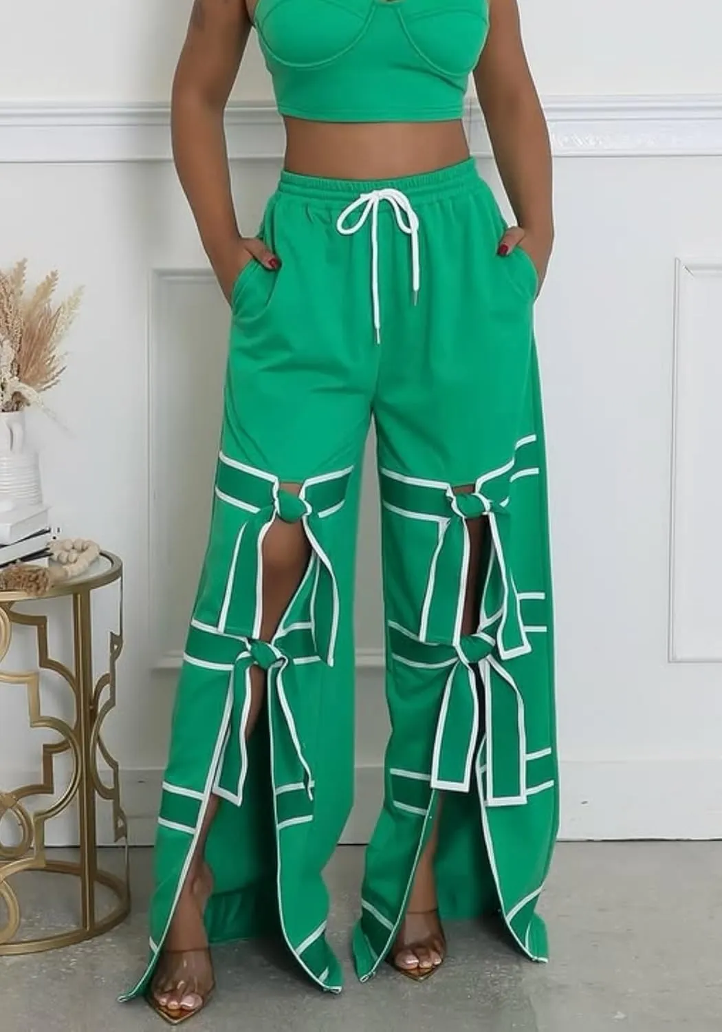Vaceky Bow Tie Sweatpants Women Wide Leg Split Flowy Casual Trouser Pants