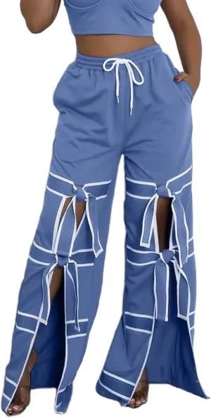 Vaceky Bow Tie Sweatpants Women Wide Leg Split Flowy Casual Trouser Pants