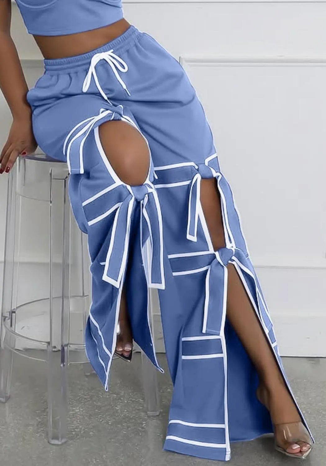 Vaceky Bow Tie Sweatpants Women Wide Leg Split Flowy Casual Trouser Pants