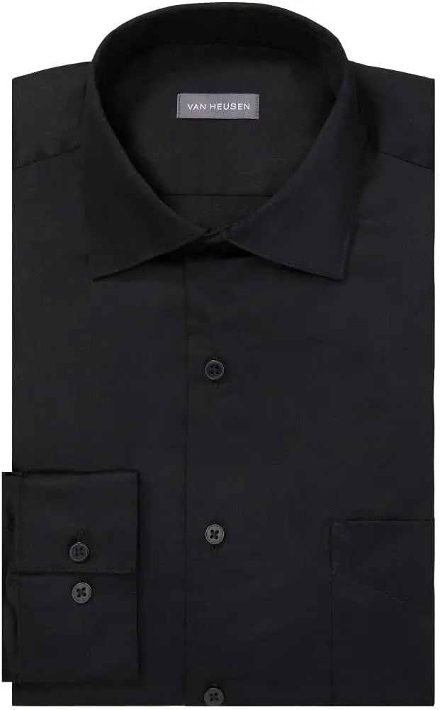 Van Heusen Men's Dress Shirts Regular Fit Lux Sateen Stretch Solid, Black, 17" Neck 34"-35" Sleeve