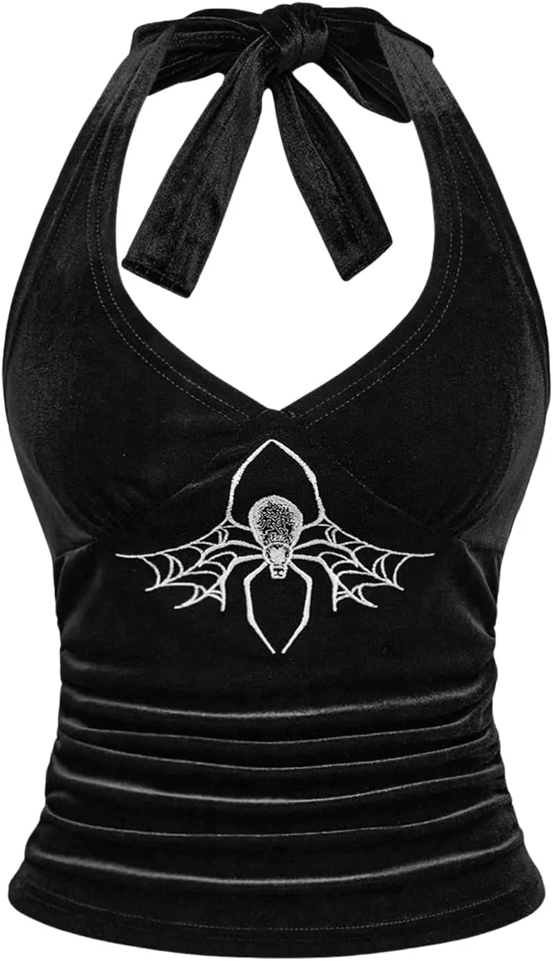 Verdusa Women's Gothic Sexy Halter Top Deep V Mesh Sheer Backless Fitted Crop Going Out Tops