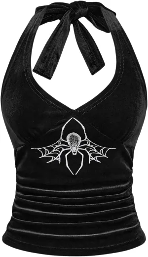 Verdusa Women's Gothic Sexy Halter Top Deep V Mesh Sheer Backless Fitted Crop Going Out Tops