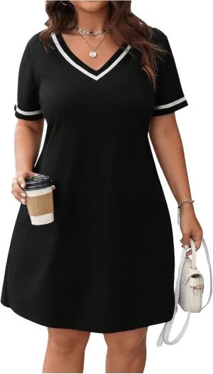 Verdusa Women's Plus Size V Neck Short T Shirt Dress Short Sleeve Tunic Dresses