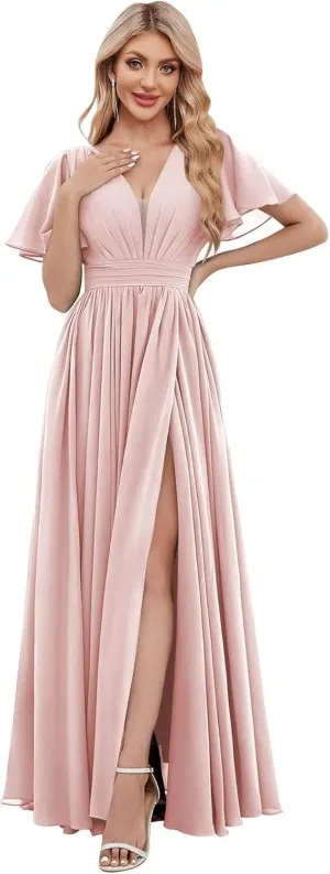 VGZ Chiffon Bridesmaid Dresses with Sleeves V Neck Long Pleated Formal Evening Gown with Slit