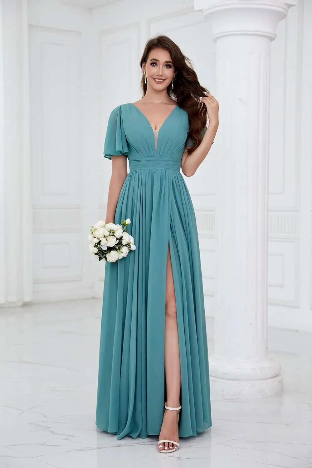 VGZ Chiffon Bridesmaid Dresses with Sleeves V Neck Long Pleated Formal Evening Gown with Slit